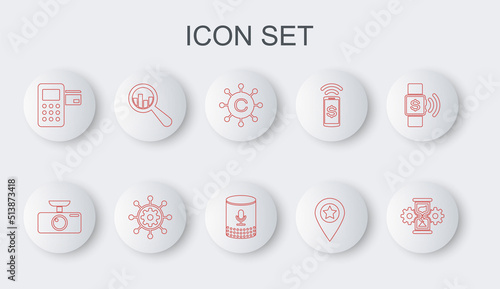 Set line Hourglass and gear, Car DVR, Copywriting network, Location with star, Pos terminal, Magnifying analysis, Project management and Voice assistant icon. Vector