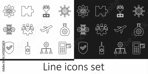 Set line Pos terminal, Bioengineering, Lead management, Project team base, Hourglass and gear, Product development, Plane and Piece of puzzle icon. Vector