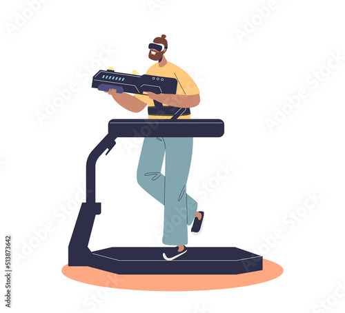 Woman wearing vr headset running on modern simulator treadmill with virtual reality technology