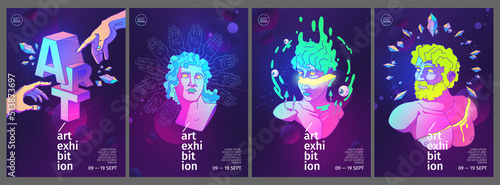 Art exhibition posters with retro acid design illustrations. Vector invitation flyers to museum or gallery with trendy contemporary background with abstract antique sculpture, crystals and eye ball
