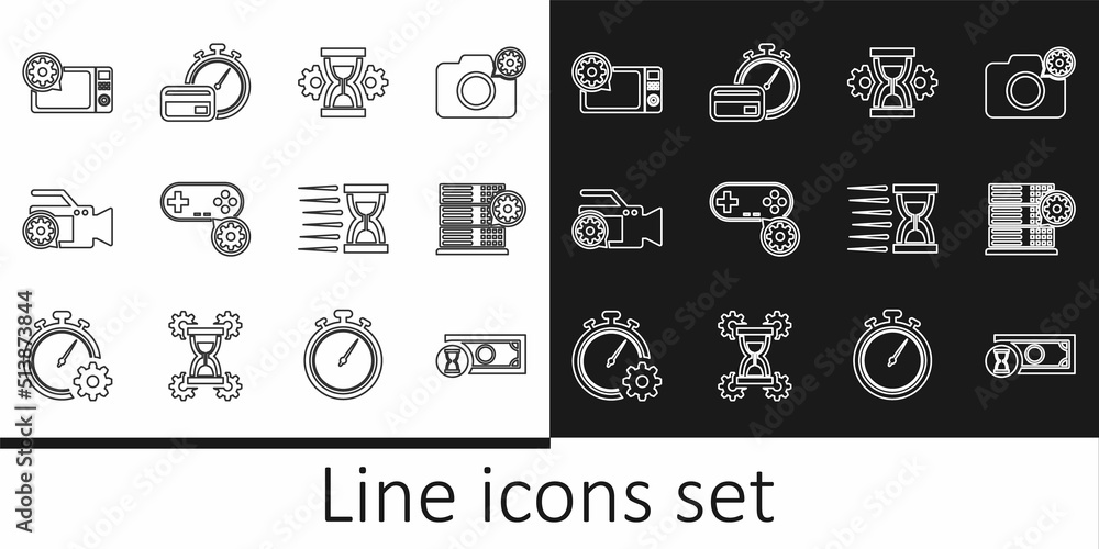 Set line Fast payments, Server setting, Hourglass, Gamepad, Video camera, Microwave oven, Old hourglass with sand and icon. Vector