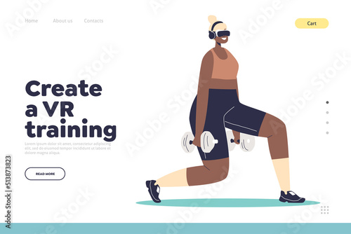 Vr training concept of landing page with woman wearing vr glasses doing workout at home