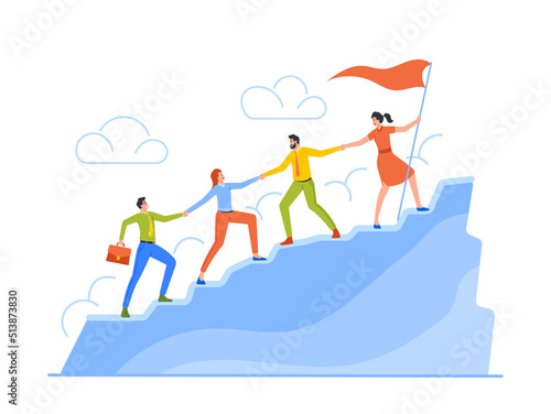 Business Characters Team Climbing at Mountain Peak Holding Hands Follow Leader with Red Flag. Business People Teamwork