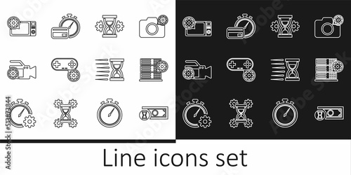 Set line Fast payments, Server setting, Hourglass, Gamepad, Video camera, Microwave oven, Old hourglass with sand and icon. Vector