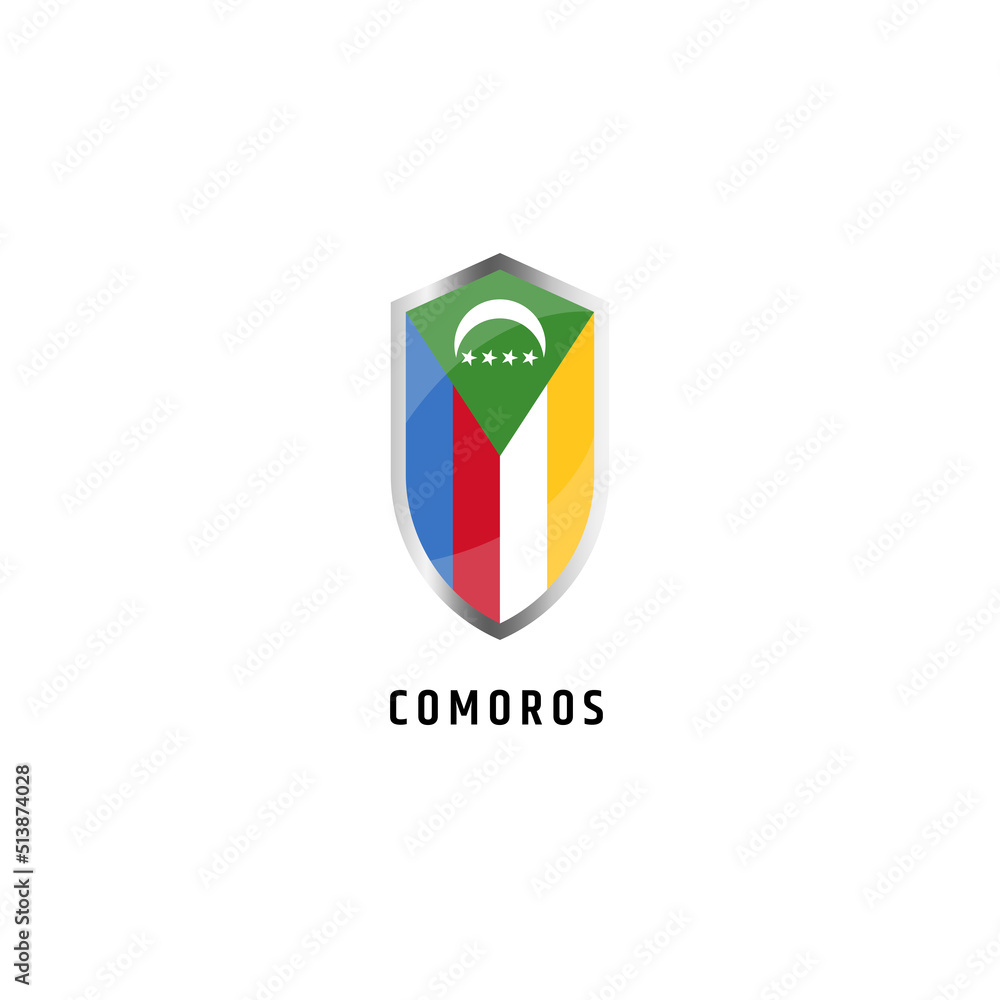 Flag of Comoros with shield shape icon flat vector illustration Flag of Comoros with shield shape icon flat vector illustration