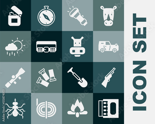 Set Matchbox and matches, Hunting gun, Off road car, Flashlight, cartridge belt, Cloud with rain, Lighter and Hippo or Hippopotamus icon. Vector