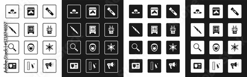 Set Flashlight, Safe, Marijuana joint, Sheriff hat with badge, Police body camera, Evidence bag gun, Hexagram sheriff and Magnifying glass search icon. Vector