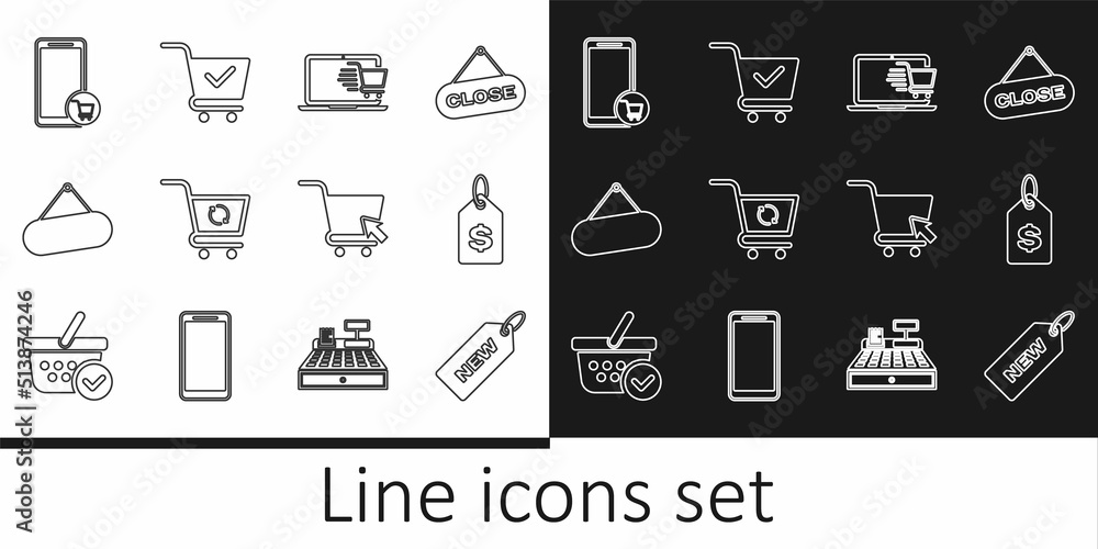 Set line Price tag with New, dollar, Shopping cart on laptop, Refresh shopping, Signboard hanging, Mobile and, cursor and check mark icon. Vector