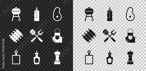 Set Barbecue grill, Sauce bottle, Steak meat, Cutting board, Pepper, Grilled pork bbq ribs and Crossed fork and spatula icon. Vector