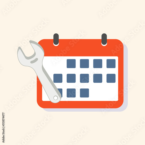 Wrench and calendar icon as a gimmick of maintenance service planning. Maintenance, repair date memory symbol. Vector illustration outline flat design style.