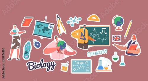 Set of Stickers Teachers Stand at Blackboard. Tutors Teach Biology, Chemistry, Geography, Geometry and English Language