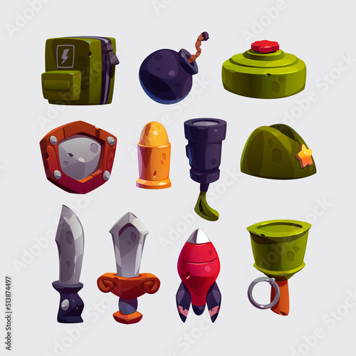 Military game icons cartoon vector set. Isolated war weapon collection, mine, rocket bomb and hand grenade, knife and sword, wooden shield and gun bullet, army cap with golden star