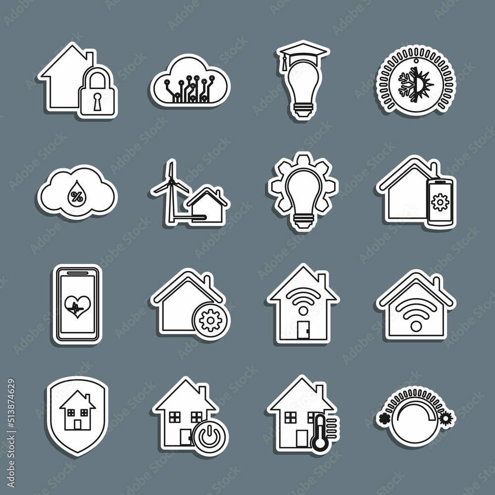 Set line Thermostat, Smart home with wi-fi, remote control system, Light bulb and graduation cap, House wind turbine, Humidity, under protection and gear icon. Vector