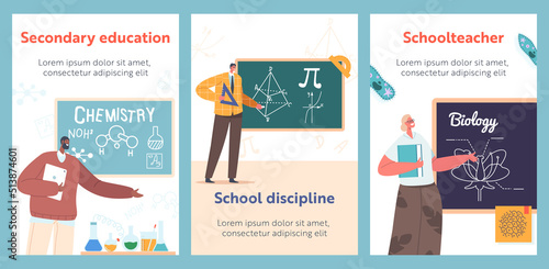 Teachers Stand at Blackboard Cartoon Banners. Tutors Teach Biology, Geometry, Chemistry. Lesson in Secondary School