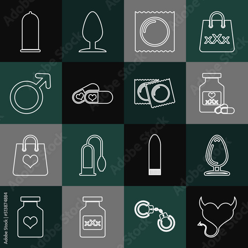 Set line Devil heart with horns, Anal plug, Bottle pills for potency, Condom in package, Pills, Male gender symbol, safe sex and Condoms icon. Vector