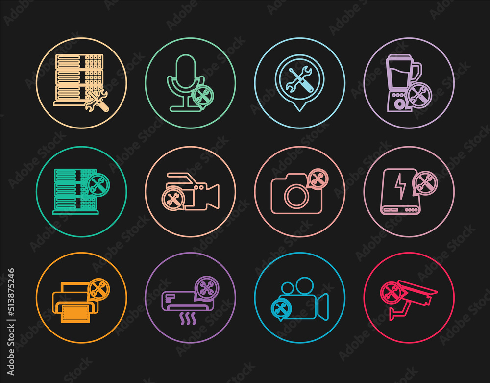 Set line Security camera service, Power bank, Location, Video, Database server, Photo and Microphone icon. Vector Set line Security camera service, Power bank, Location, Video, Database server, Photo and Microphone icon. Vector