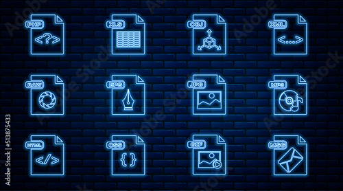 Set line MSG file document, MP3, OBJ, EPS, RAW, PHP, JPG and XLS icon. Vector