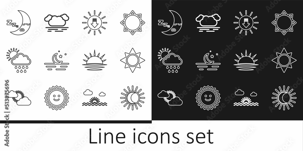 Set line Eclipse of the sun, Sun, Sunset, Moon and stars, Cloud with rain, icon, and icon. Vector