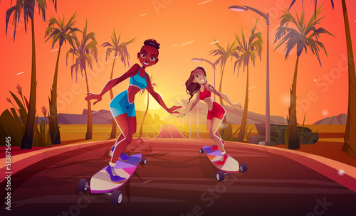 Happy girls riding on skateboard on road. Vector sunset cartoon illustration of summer landscape with mountains, palm trees, highway and young african american and caucasian women skater on longboard