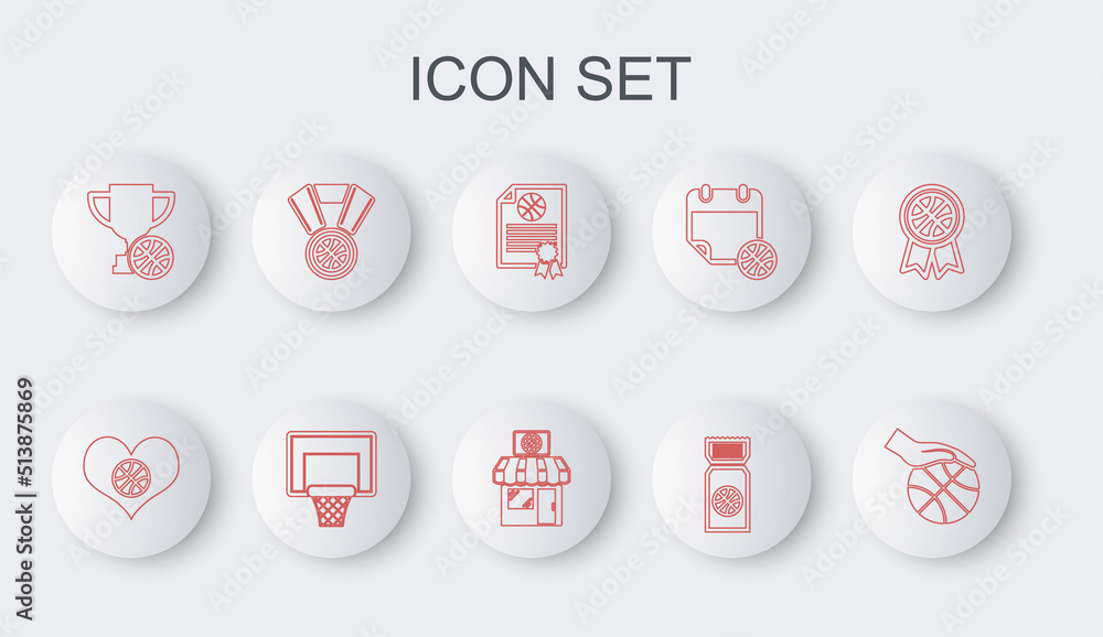Set line Hand with basketball ball, Heart, Certificate award, Basketball game ticket, Award cup, medal, backboard and Sports shop icon. Vector Set line Hand with basketball ball, Heart, Certificate award, Basketball game ticket, Award cup, medal, backboard and Sports shop icon. Vector