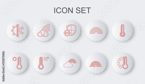 Set line Thermometer with sun, Meteorology thermometer, UV protection, Rainbow, Sun and snowflake, cloud, and icon. Vector