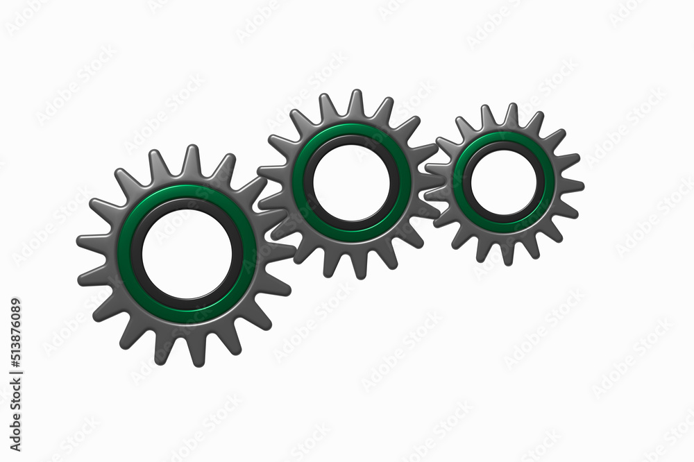 Three cogwheel 3D isolated on white background, metal gear Three cogwheel 3D isolated on white background, metal gear