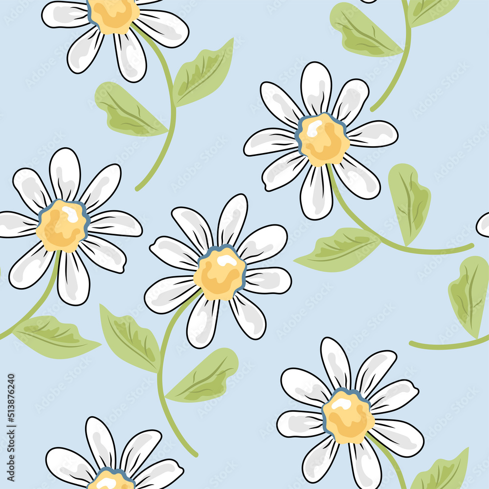 Obraz premium Seamless pattern with daisy flowers. Vector illustration. Retro and hippie vibes.