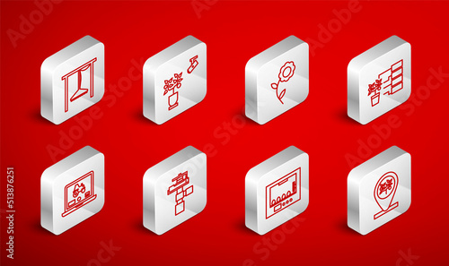 Set line Location and tree, Smart farming technology, Flower, analysis, Incubator for eggs, Automatic irrigation sprinklers, and Laptop application smart icon. Vector