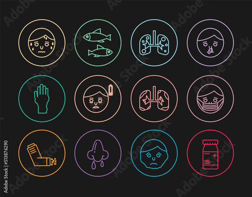 Set line Medicine bottle and pills, Face protective mask, Lungs, Fatigue, Hand with psoriasis or eczema, Man excessive sweating, and Fish icon. Vector