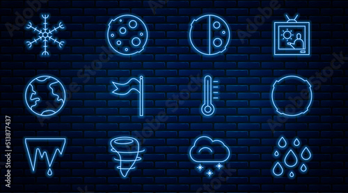 Set line Water drop, Moon, Eclipse of the sun, Meteorology windsock wind vane, Earth globe, Snowflake, thermometer and icon. Vector