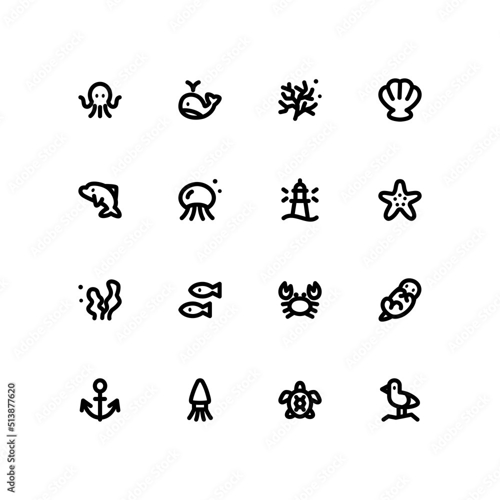 Sea creatures icon set, Minimal linear vector icons. Sea creatures icon set, Minimal linear vector icons.