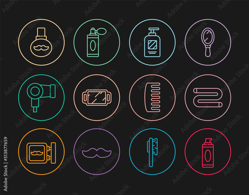 Set line Shaving gel foam, Towel, Bottle of shampoo, Hand mirror, Hair dryer, Beard mustaches care oil bottle, Hairbrush and Aftershave with atomizer icon. Vector Set line Shaving gel foam, Towel, Bottle of shampoo, Hand mirror, Hair dryer, Beard mustaches care oil bottle, Hairbrush and Aftershave with atomizer icon. Vector