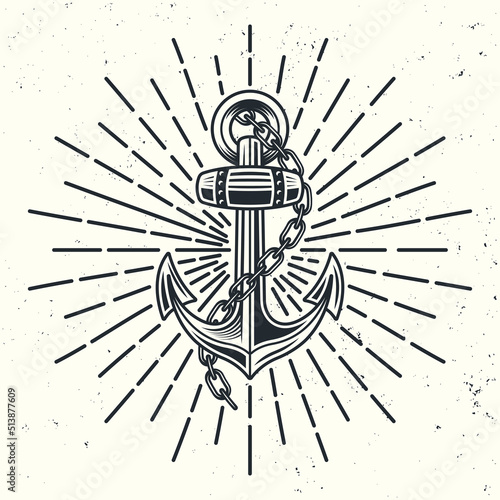 Anchor with chain and rays in vintage monochrome style vector illustration isolated on light background