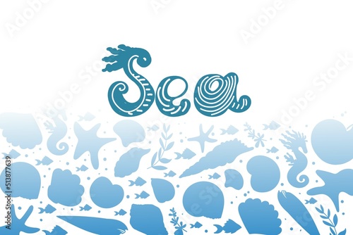 Banner with silhouettes of sea creatures on white background. Design for tourist business advertising, for seafood grocery stores. Shells, fish, clams and algae. Hand-drawn doodles in sketch style
