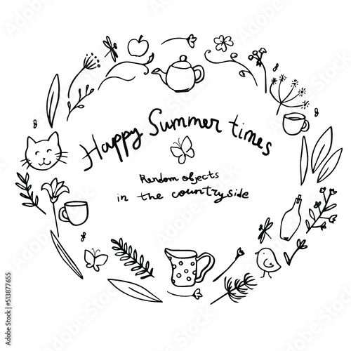 rendom summer nature plants objects contour hand drawn naive vector illustration fo all funny kids purpose 