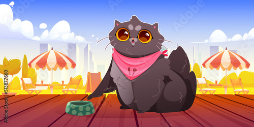 Cat with feed bowl on wooden terrace of restaurant or street cafe. Vector cartoon illustration of cute hungry kitten with empty pet bowl and summer landscape with outdoor cafe