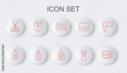 Set line Barbershop, Bottle of shampoo, Towel, Shaving brush, Scissors hairdresser, Electric razor blade for men, and icon. Vector