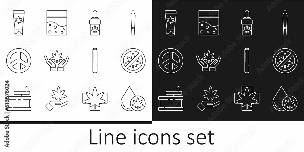 Set line Marijuana or cannabis olive oil, Stop marijuana leaf, Peace, Medical cream with, joint and Plastic bag of icon. Vector