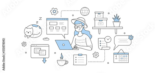 Home office, freelance doodle concept. Young woman work on laptop with cat, coffee cup and office supply icons around. Distant outsourced job, business, girl freelancer, Line art vector illustration