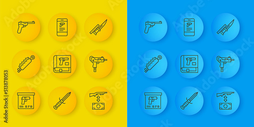 Set line Military ammunition box, Trap hunting, Book with pistol or gun, Buying assault rifle, UZI submachine, Mauser, Bayonet and Shop weapon mobile app icon. Vector