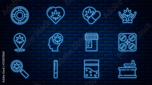 Set line Manual grinder, Medical pills with marijuana, Herbal ecstasy tablets, Head or cannabis, Location and, Ashtray, bottle and Marijuana leaf heart icon. Vector