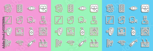Set line Hair covering skin, Lungs x-ray, Male doctor, Blindness, High human body temperature, Scar with suture, Psoriasis eczema rash and Man coughing icon. Vector