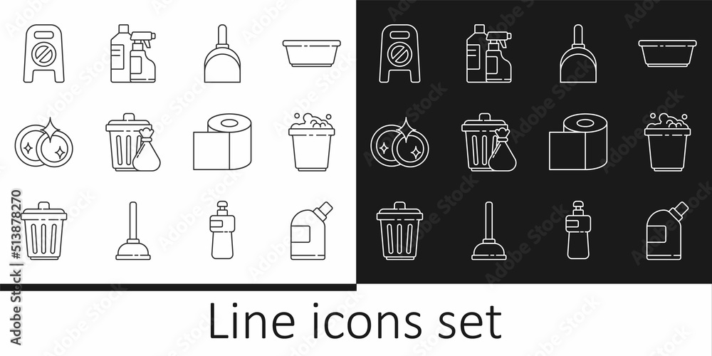 Set line Bottles for cleaning agent, Bucket with soap suds, Dustpan, Trash can and garbage bag, Washing dishes, Wet floor progress, Toilet paper roll and icon. Vector