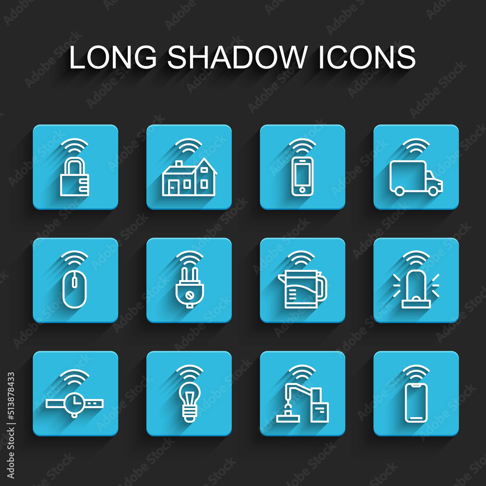Set line Smartwatch, light bulb, safe combination lock, Robotic robot arm hand factory, Wireless smartphone, electric plug, flasher siren and kettle icon. Vector Set line Smartwatch, light bulb, safe combination lock, Robotic robot arm hand factory, Wireless smartphone, electric plug, flasher siren and kettle icon. Vector