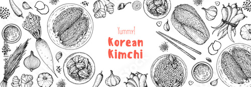 Kimchi cooking and ingredients for kimchi, sketch illustration. Korean cuisine frame. Healthy food, design elements. Hand drawn, package design. Asian food photo
