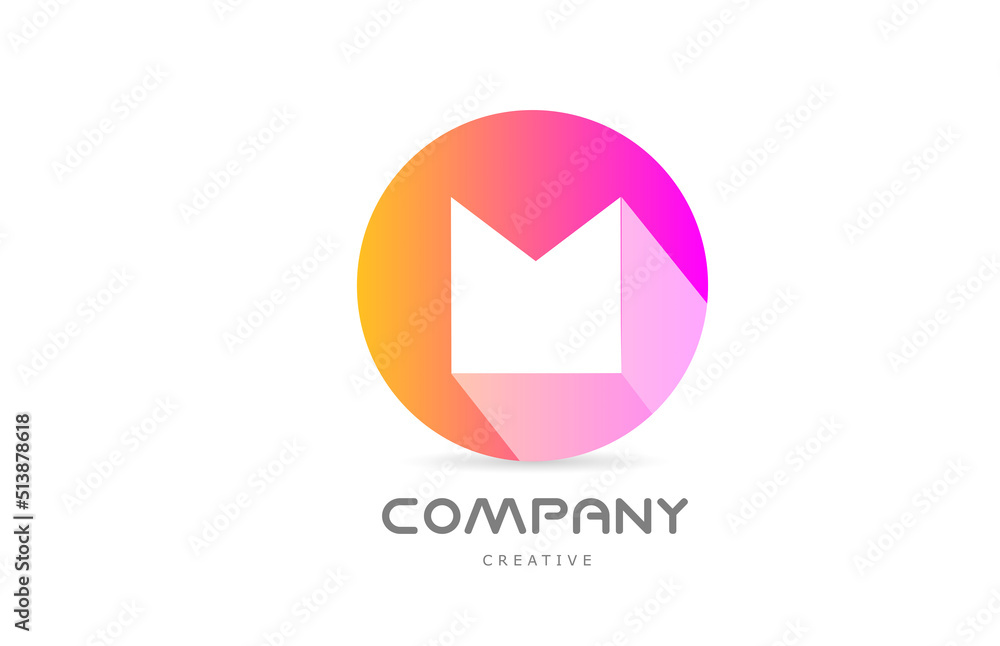pink yellow M alphabet letter logo icon with long shadow. Creative template for business or company with circle pink yellow M alphabet letter logo icon with long shadow. Creative template for business or company with circle