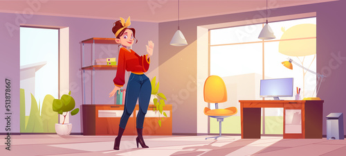 Young woman at home office interior. Cartoon female character wear casual clothes waving hand stand inside of room with computer desk, pc and shelves with documents at wide window, Vector illustration