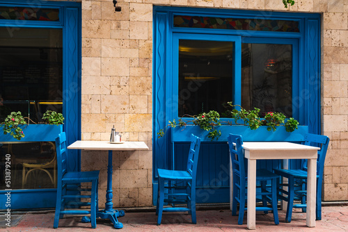 Street cafe in blue tones  empty tables in Istanbul