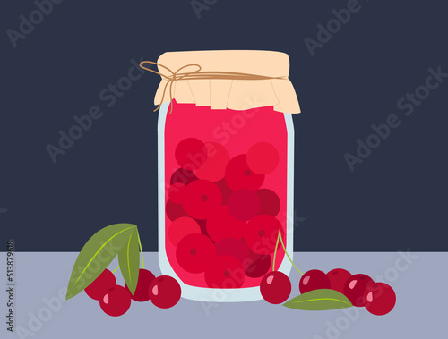 Blue jar with red cherry compote and cherries on a table. Vector illustration of a healthy summer drink.