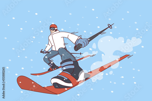 Man in outerwear skiing on snow hill on vacation. Excited person do active extreme winter sports on holidays. Flat vector illustration. 
